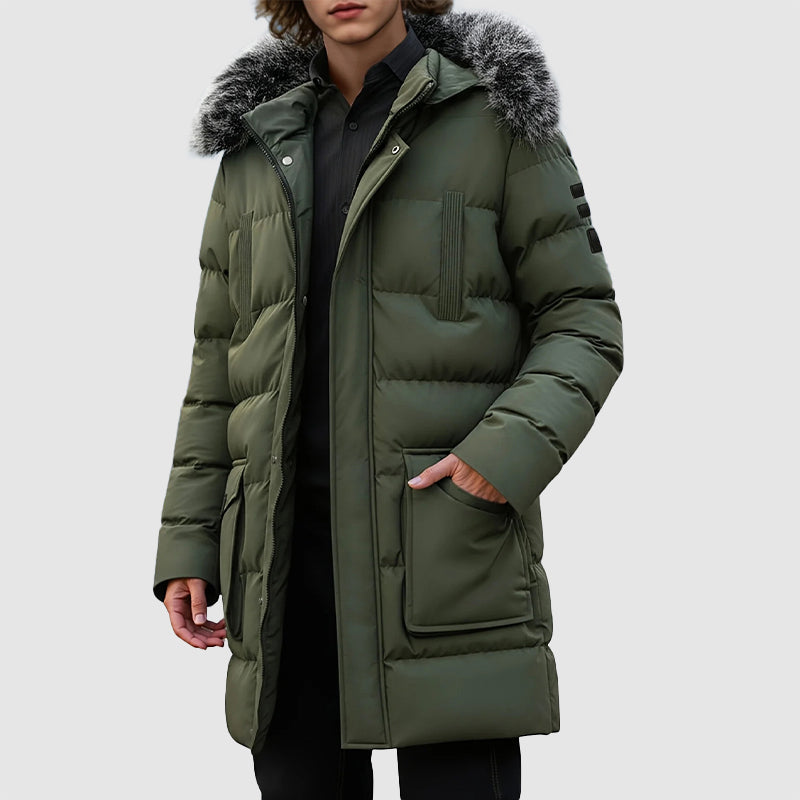 Svart herr pufferjacka, mellankappa med avtagbar huva, perfekt ytterplagg för snö och kyla.