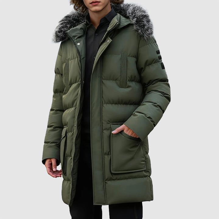 Svart herr pufferjacka, mellankappa med avtagbar huva, perfekt ytterplagg för snö och kyla.