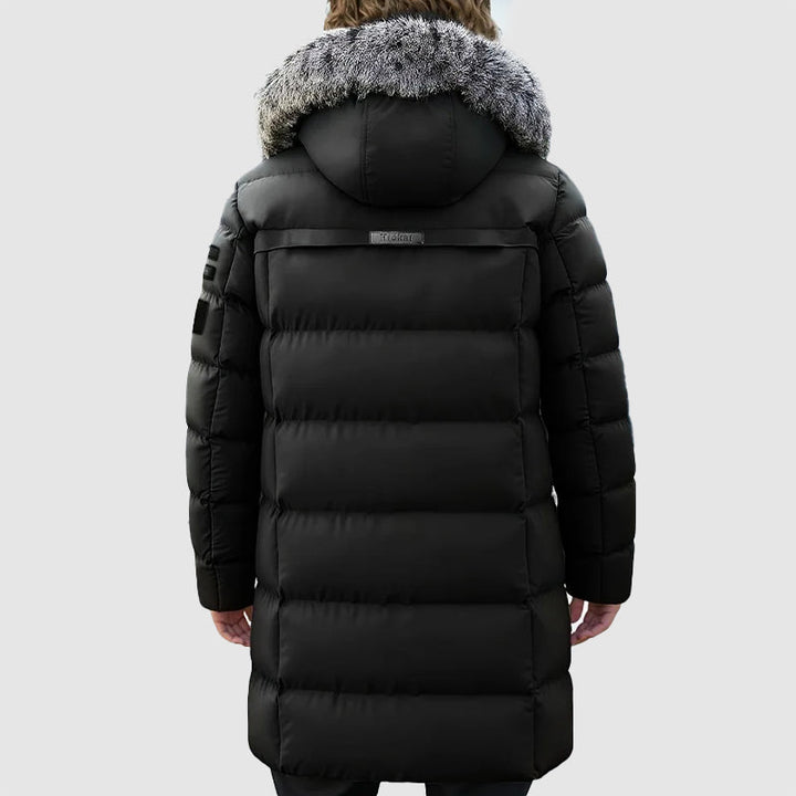 Herrjacka, mellankappa i pufferstil, varm och funktionell vinterjacka med smart avtagbar huva.