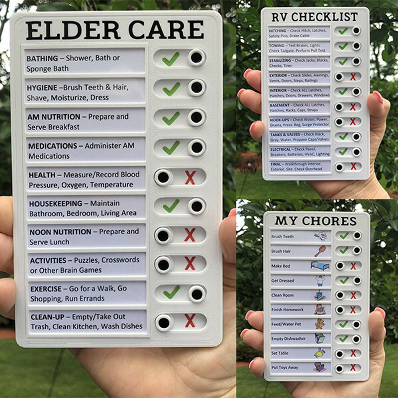 "Memo Checklista för barn, husbil, vårdgivare, 3D-printad i biologiskt nedbrytbar plast, kompakt och anpassningsbar design."