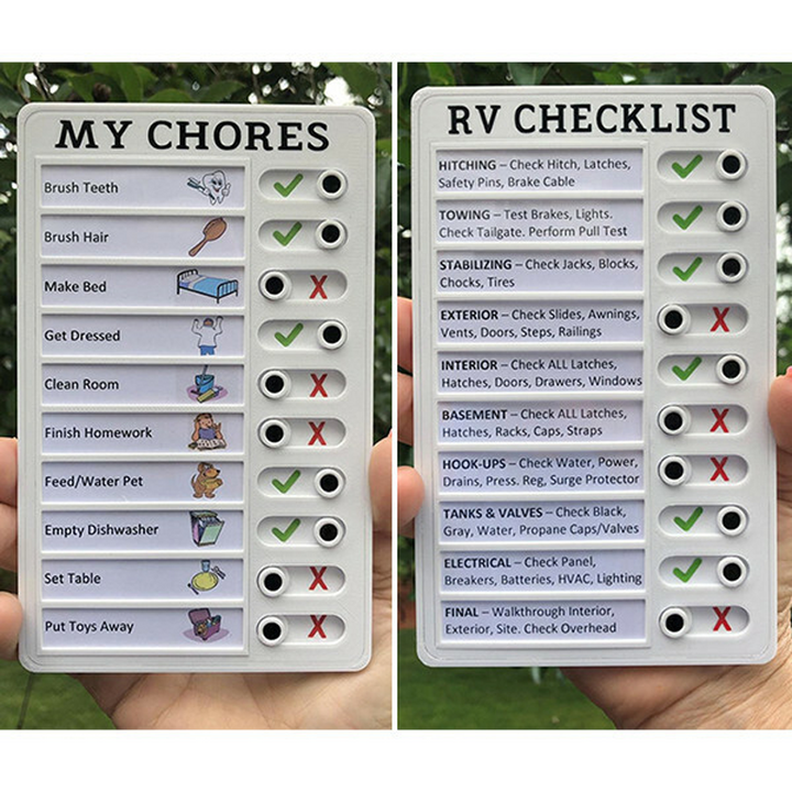 "Memo Checklista för barn, husbil, vårdgivare, 3D-printad i biologiskt nedbrytbar plast, kompakt och anpassningsbar design."
