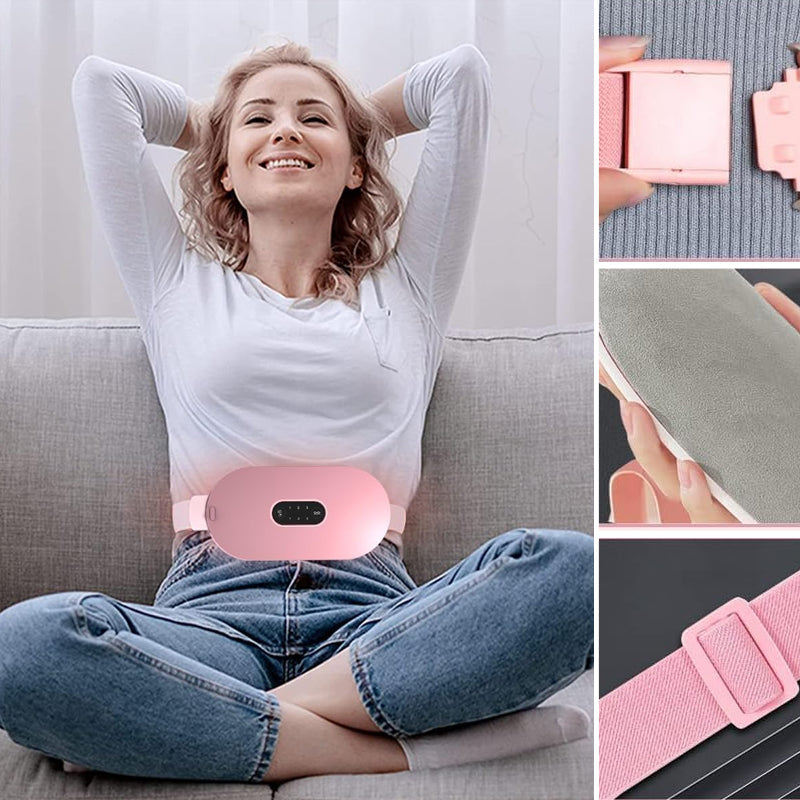 Menstruationslindrande bälte för kvinnor, grå design med justerbar värme och massagefunktion, för smärtlindring.