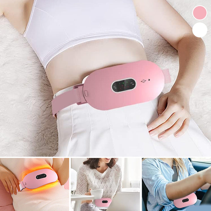 Menstruationslindrande bälte för kvinnor, grå design med justerbar värme och massagefunktion, för smärtlindring.