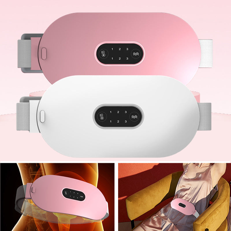Menstruationslindrande bälte för kvinnor, grå design med justerbar värme och massagefunktion, för smärtlindring.