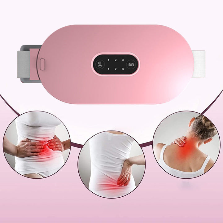 Menstruationslindrande bälte för kvinnor, grå design med justerbar värme och massagefunktion, för smärtlindring.