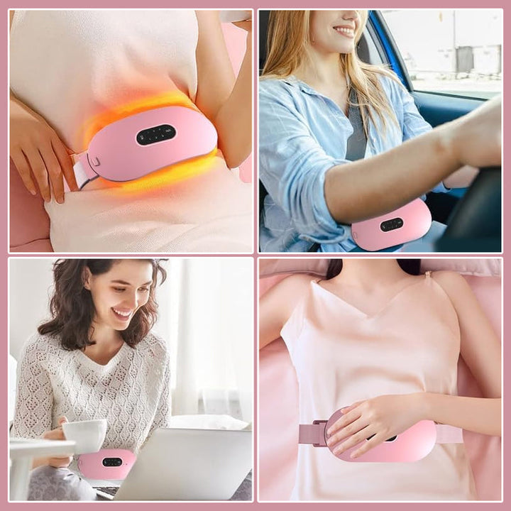 Menstruationslindrande bälte för kvinnor, grå design med justerbar värme och massagefunktion, för smärtlindring.