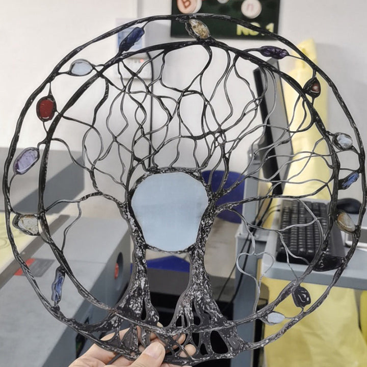 "Metallträd väggdekor i cirkelform med livets träd design, bronsfärgad finish, för heminredning och kontor."