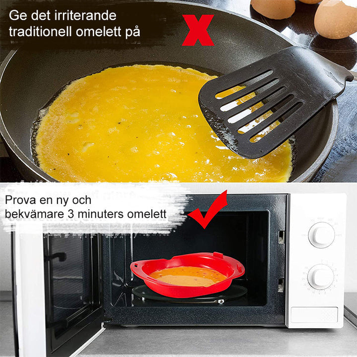 "Mikro silikon omelettform, röd, BPA-fri och non-stick, för snabb frukosttillagning i mikrovågsugn."