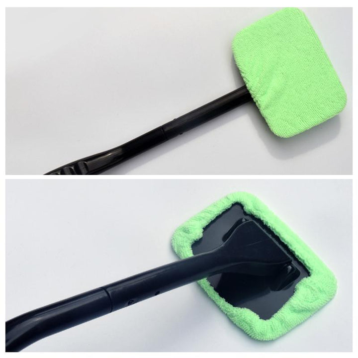 "Mikrofiber fönsterrengörare med plasthandtag, idealisk för bil- och hemmavindor, når svåråtkomliga hörn utan ansträngning."