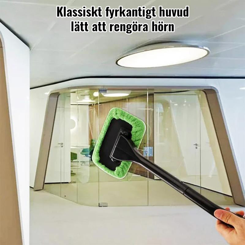 "Mikrofiber fönsterrengörare med plasthandtag, idealisk för bil- och hemmavindor, når svåråtkomliga hörn utan ansträngning."