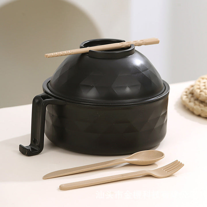 "Mikrovågssäker ramen-skål med lock i multifärg, perfekt för snabba måltider. Visas i lila, svart, beige och rosa."