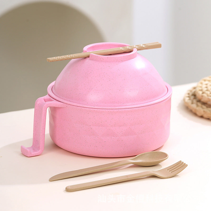 "Mikrovågssäker ramen-skål med lock i multifärg, perfekt för snabba måltider. Visas i lila, svart, beige och rosa."