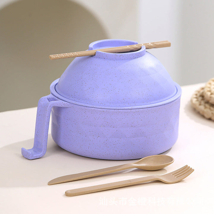 "Mikrovågssäker ramen-skål med lock i multifärg, perfekt för snabba måltider. Visas i lila, svart, beige och rosa."