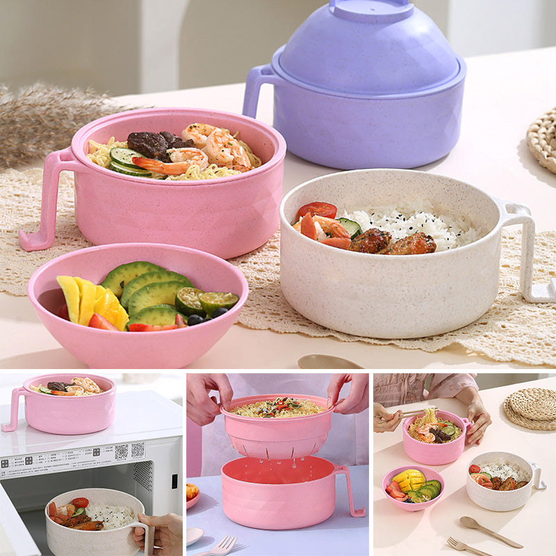 "Mikrovågssäker ramen-skål med lock i multifärg, perfekt för snabba måltider. Visas i lila, svart, beige och rosa."