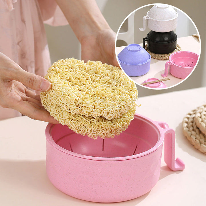 "Mikrovågssäker ramen-skål med lock i multifärg, perfekt för snabba måltider. Visas i lila, svart, beige och rosa."