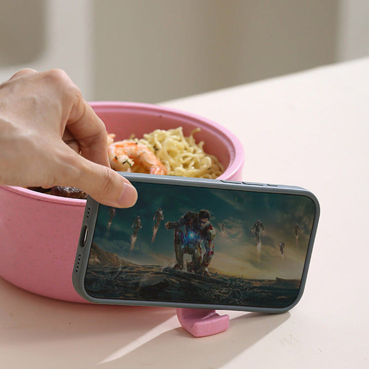 "Mikrovågssäker ramen-skål med lock i multifärg, perfekt för snabba måltider. Visas i lila, svart, beige och rosa."