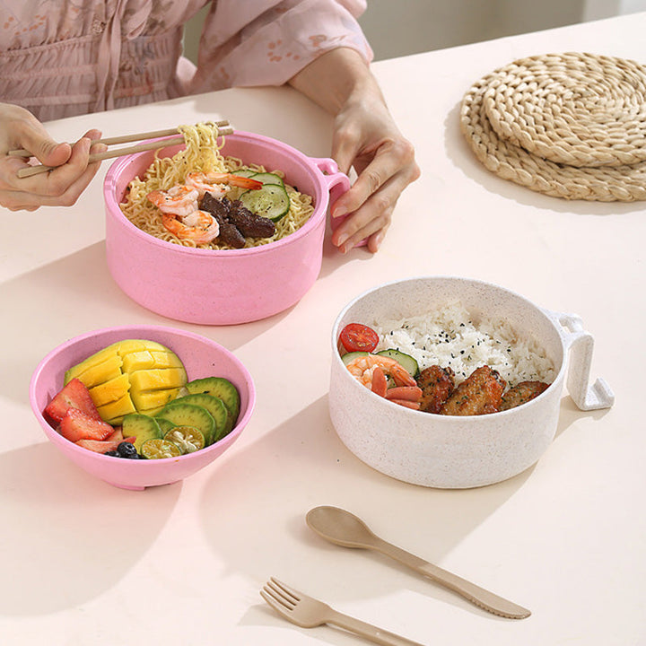 "Mikrovågssäker ramen-skål med lock i multifärg, perfekt för snabba måltider. Visas i lila, svart, beige och rosa."