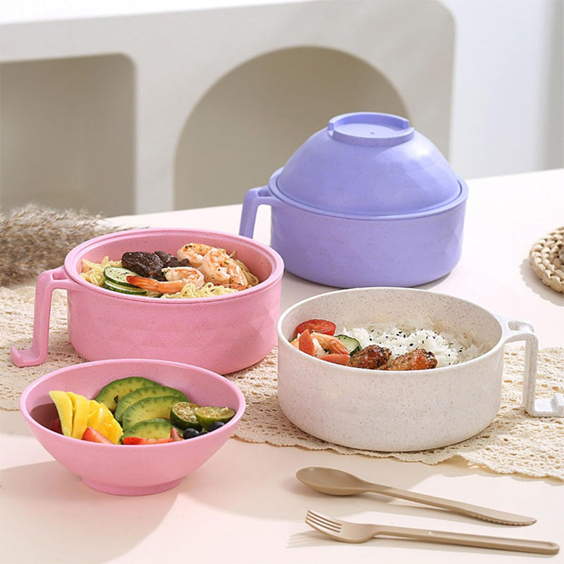 "Mikrovågssäker ramen-skål med lock i multifärg, perfekt för snabba måltider. Visas i lila, svart, beige och rosa."