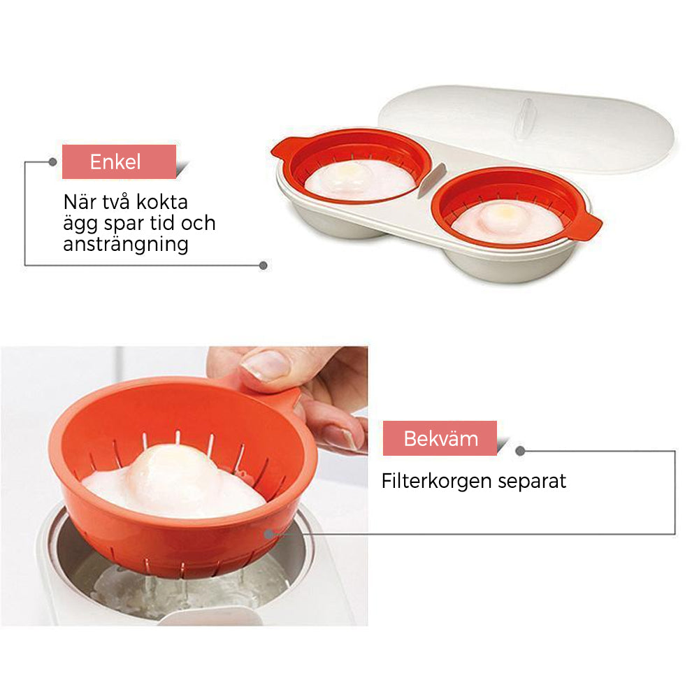"Mikrovågsugn äggkokare i röd och vit plast, kompakt och portabel för snabb och effektiv äggtillagning."