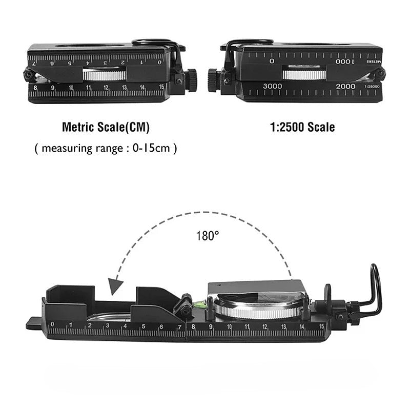 "Militärgrön kompass i metall med klinometer, idealisk för outdoor-aktiviteter, med bubbelnivå och lysande skiva."