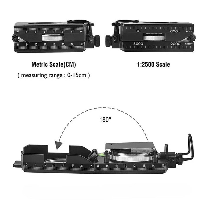 "Militärgrön kompass i metall med klinometer, idealisk för outdoor-aktiviteter, med bubbelnivå och lysande skiva."