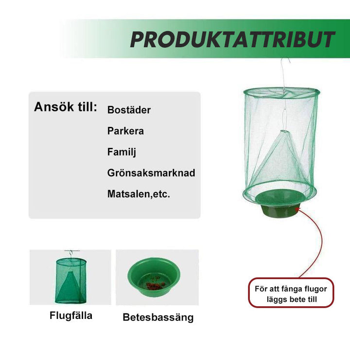 "Miljövänlig grön flugfångare av gasnät hålls upp nära trädgård, idealisk för inom- och utomhusbruk."