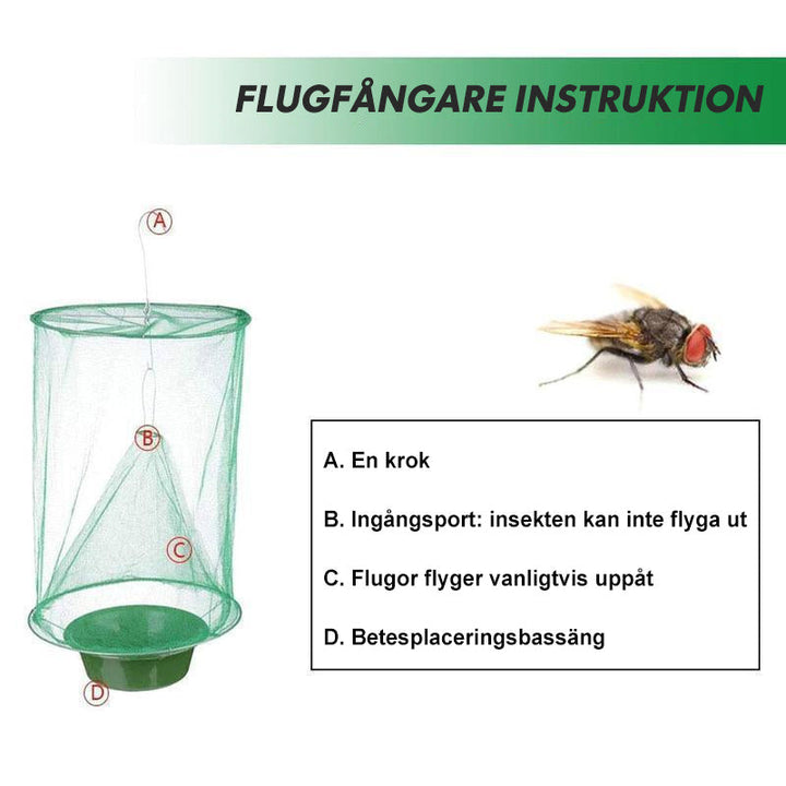 "Miljövänlig grön flugfångare av gasnät hålls upp nära trädgård, idealisk för inom- och utomhusbruk."