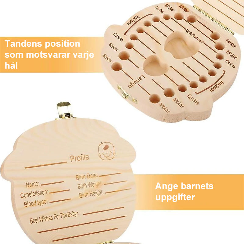 "Miljövänlig tandlåda för barn, pinjeträ, plats för 22 tänder, pojke och flicka, kompakt design, nostalgisk charm."