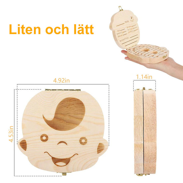 "Miljövänlig tandlåda för barn, pinjeträ, plats för 22 tänder, pojke och flicka, kompakt design, nostalgisk charm."