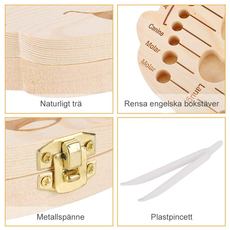 "Miljövänlig tandlåda för barn, pinjeträ, plats för 22 tänder, pojke och flicka, kompakt design, nostalgisk charm."