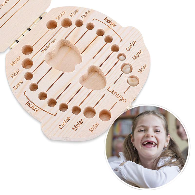 "Miljövänlig tandlåda för barn, pinjeträ, plats för 22 tänder, pojke och flicka, kompakt design, nostalgisk charm."