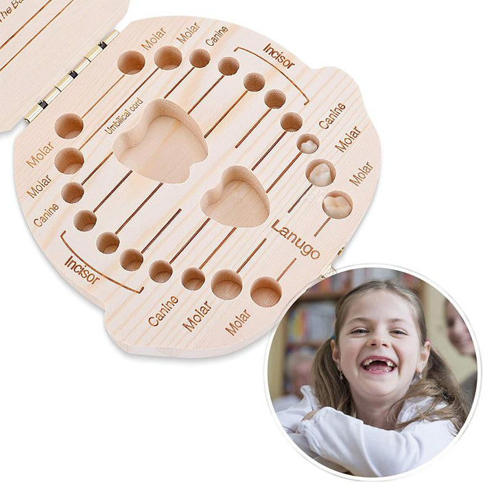 "Miljövänlig tandlåda för barn, pinjeträ, plats för 22 tänder, pojke och flicka, kompakt design, nostalgisk charm."