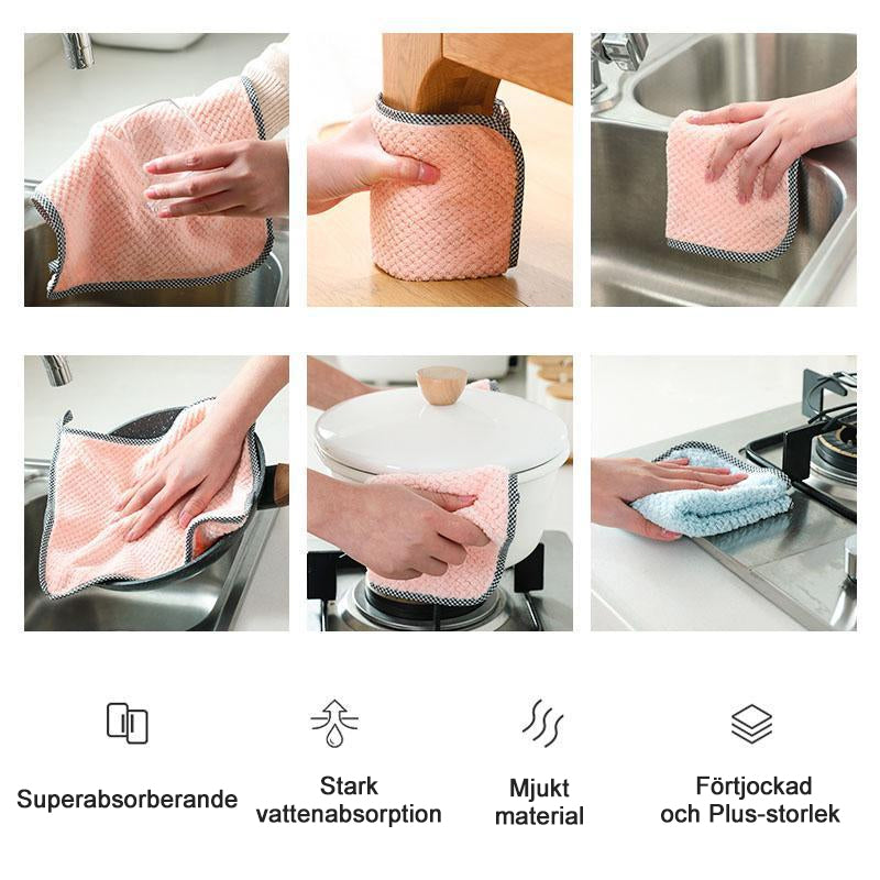 "Miljövänliga ultratunma mikrofiberdukar i krämvit, rosa, grön och aprikos för effektiv och snygg rengöring i hemmet."