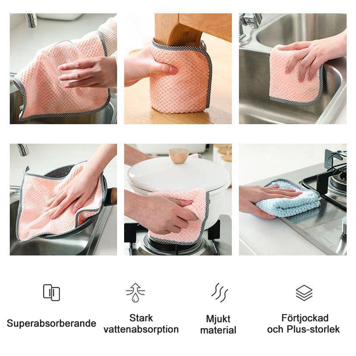 "Miljövänliga ultratunma mikrofiberdukar i krämvit, rosa, grön och aprikos för effektiv och snygg rengöring i hemmet."