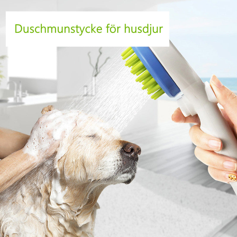 "Miljövänligt duschmunstycke för husdjur med silikonstrån, ergonomiskt handtag, vattenbesparande och massagefunktion."