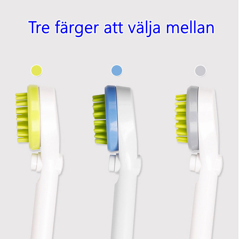 "Miljövänligt duschmunstycke för husdjur med silikonstrån, ergonomiskt handtag, vattenbesparande och massagefunktion."