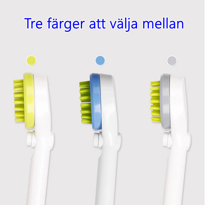 "Miljövänligt duschmunstycke för husdjur med silikonstrån, ergonomiskt handtag, vattenbesparande och massagefunktion."