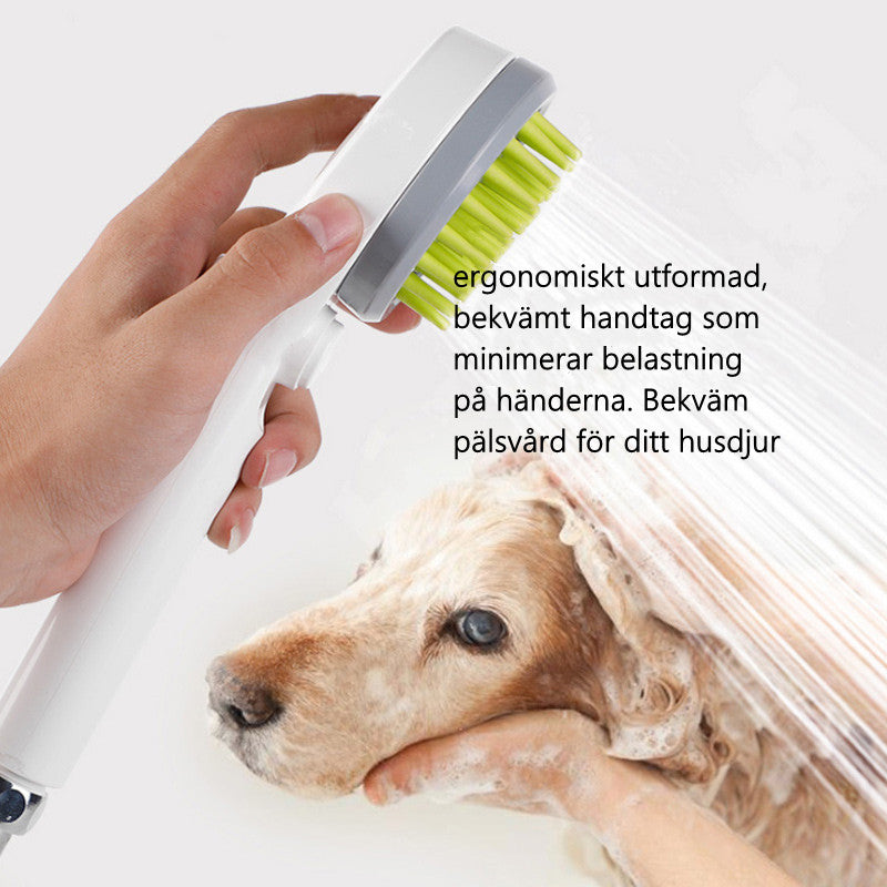 "Miljövänligt duschmunstycke för husdjur med silikonstrån, ergonomiskt handtag, vattenbesparande och massagefunktion."
