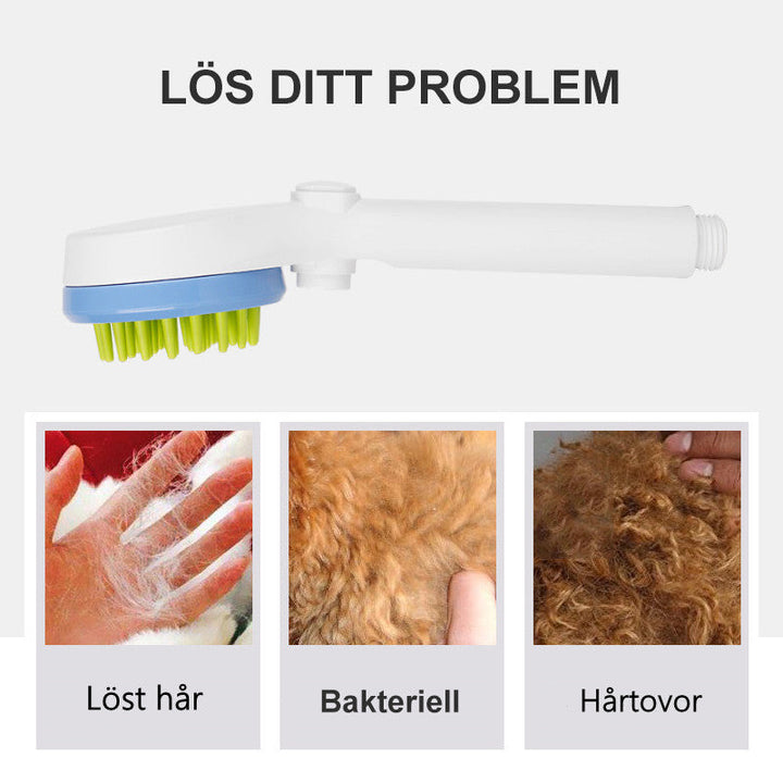 "Miljövänligt duschmunstycke för husdjur med silikonstrån, ergonomiskt handtag, vattenbesparande och massagefunktion."