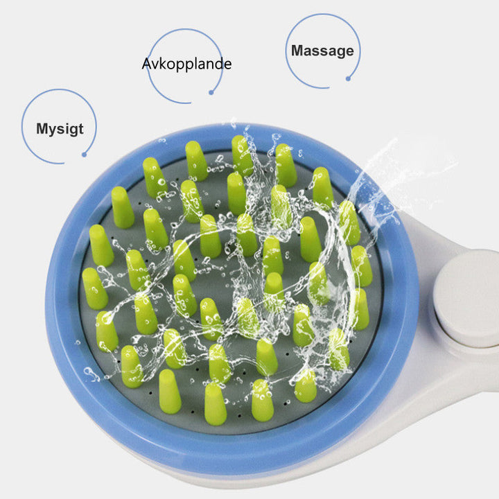 "Miljövänligt duschmunstycke för husdjur med silikonstrån, ergonomiskt handtag, vattenbesparande och massagefunktion."