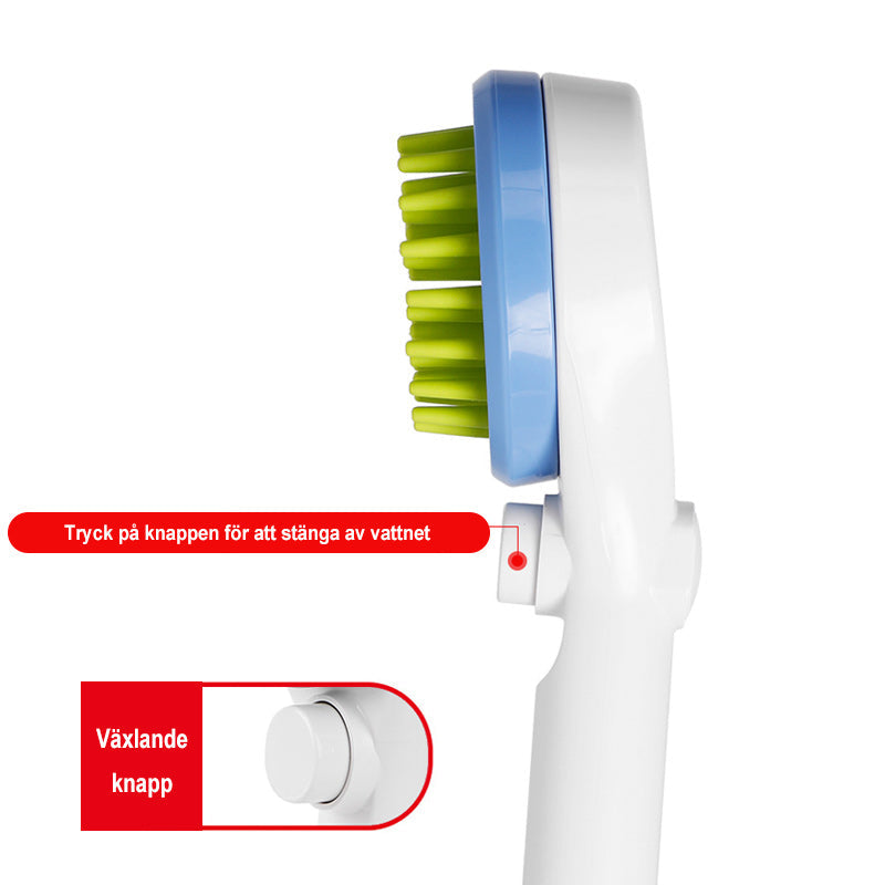 "Miljövänligt duschmunstycke för husdjur med silikonstrån, ergonomiskt handtag, vattenbesparande och massagefunktion."