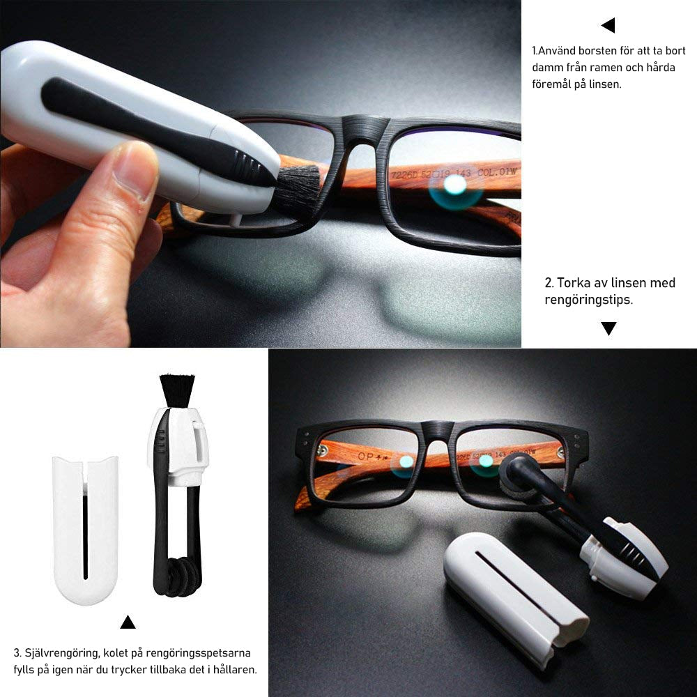 "Miljövänligt glasögonrengöringsverktyg, kompakt design, säker för linser, idealisk för enkel rengöring på språng."