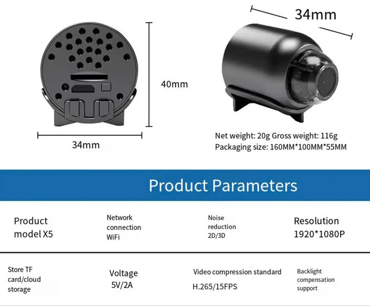 Kompakt 5G WiFi HD-kamera. Trådlös övervakning 1080P, mörkerseende och rörelsedetektering för säkerhet.