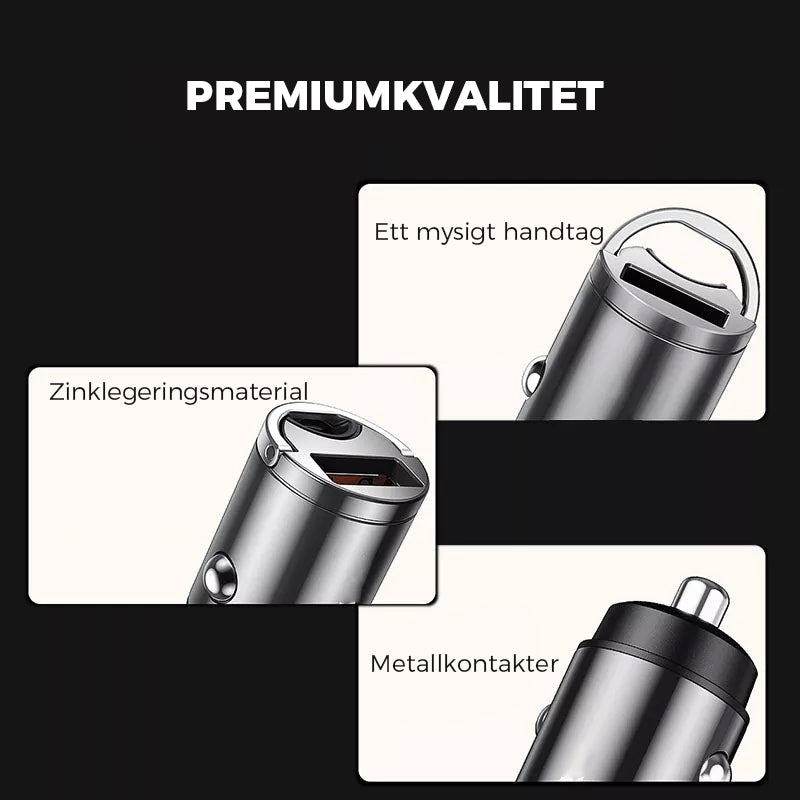 "Mini biladapter zinklegering, dubbel USB-port, snabbladdning, diskret design, passar de flesta enheter i bilen."