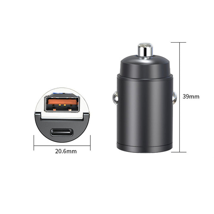 "Mini biladapter zinklegering, dubbel USB-port, snabbladdning, diskret design, passar de flesta enheter i bilen."