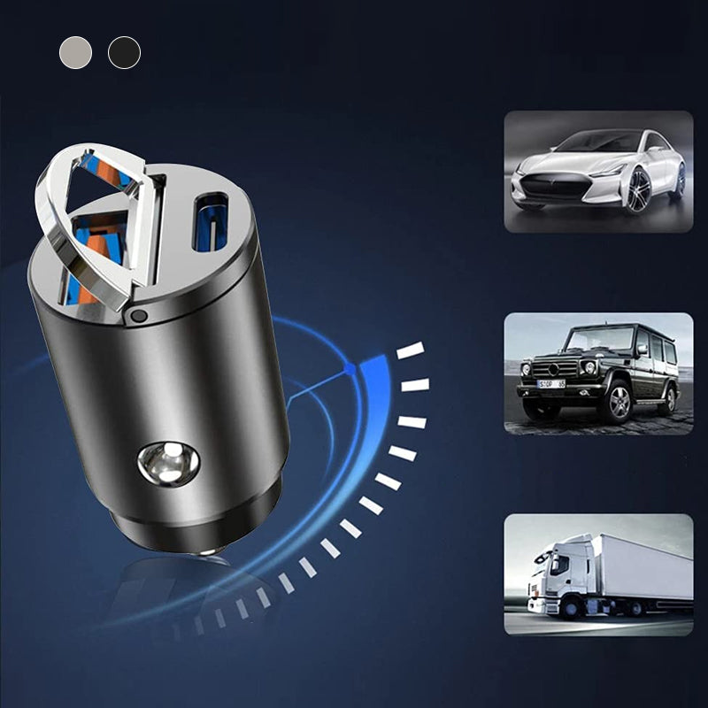 "Mini biladapter zinklegering, dubbel USB-port, snabbladdning, diskret design, passar de flesta enheter i bilen."