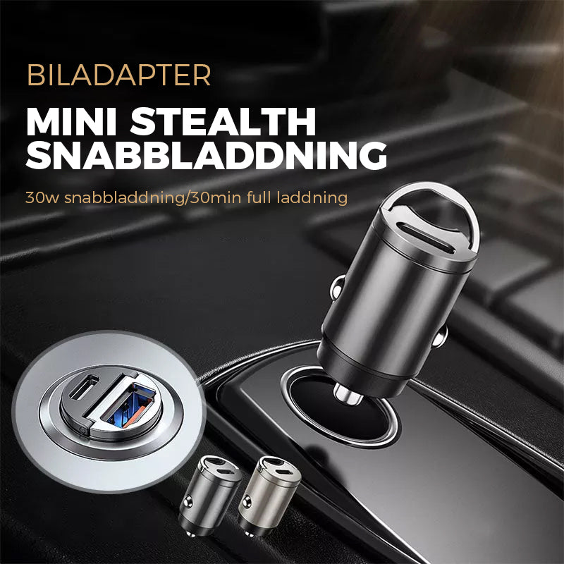 "Mini biladapter zinklegering, dubbel USB-port, snabbladdning, diskret design, passar de flesta enheter i bilen."