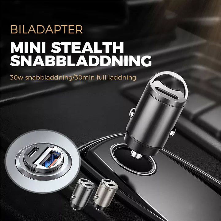 "Mini biladapter zinklegering, dubbel USB-port, snabbladdning, diskret design, passar de flesta enheter i bilen."