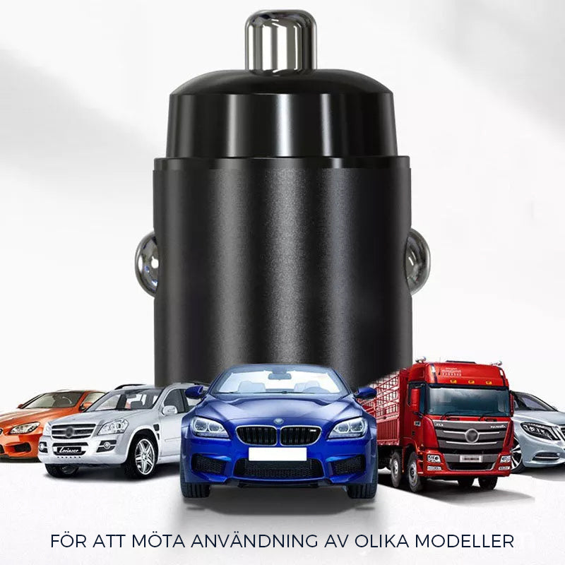 "Mini biladapter zinklegering, dubbel USB-port, snabbladdning, diskret design, passar de flesta enheter i bilen."
