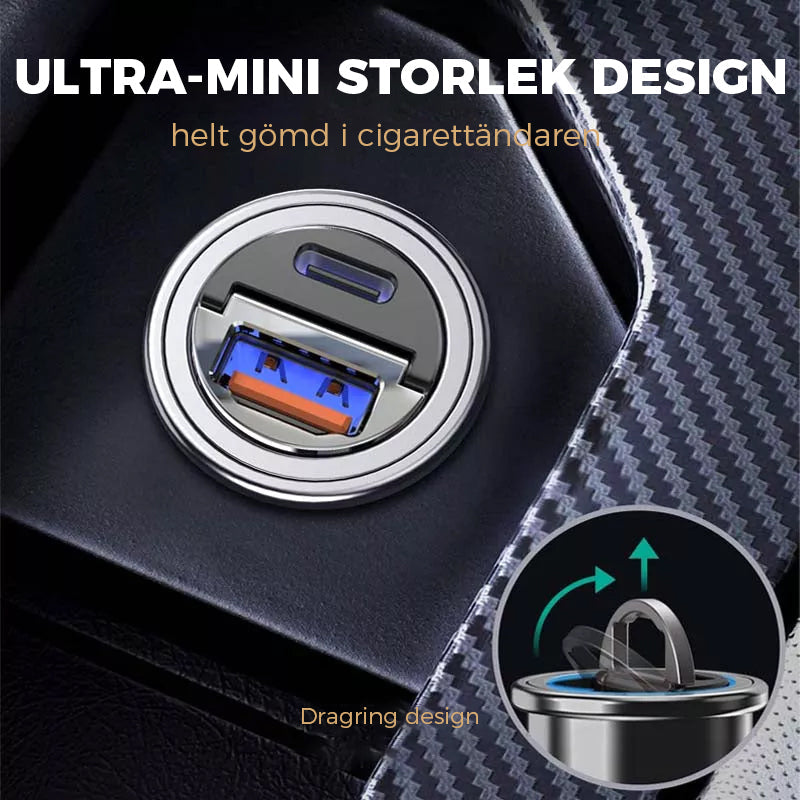 "Mini biladapter zinklegering, dubbel USB-port, snabbladdning, diskret design, passar de flesta enheter i bilen."